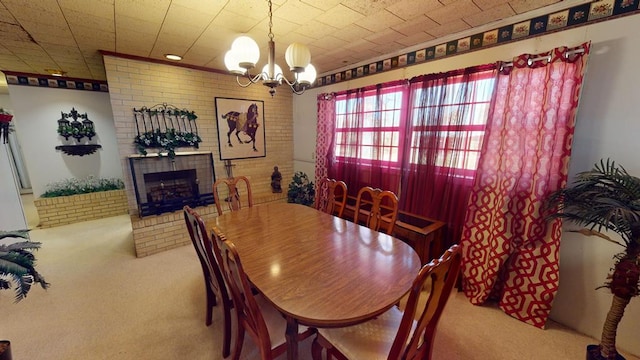 carpeted dining space with a fireplace and a chandelier
