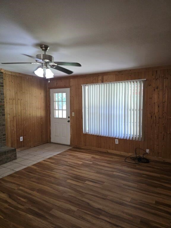 826 Old Newton Rd, Daleville, AL 36322 - foyer featuring wood finished floors, ceiling fan, and wood walls