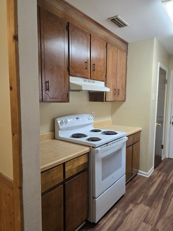 826 Old Newton Rd, Daleville, AL 36322 - kitchen with white electric range oven, under cabinet range hood, dark wood-type flooring, and light countertops