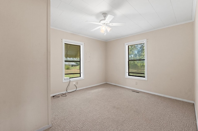 empty room featuring plenty of natural light, carpet, and ornamental molding