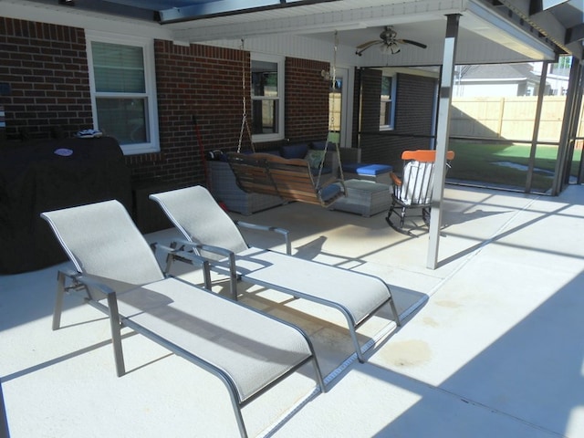 363 Vining Dr, Dothan, AL 36305 - view of patio with a ceiling fan, fence, outdoor lounge area, and area for grilling