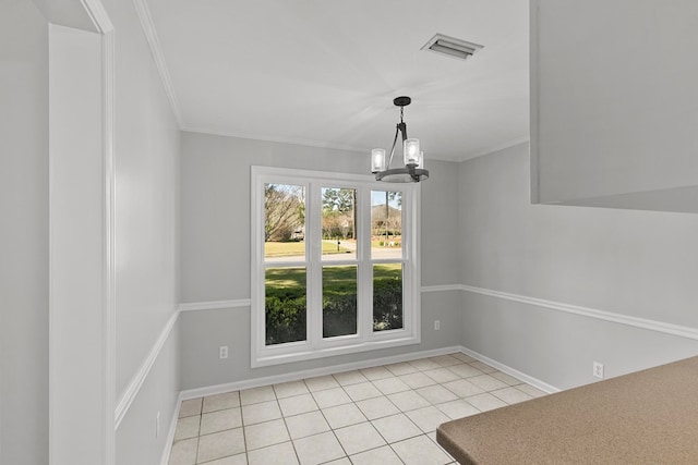 unfurnished dining area featuring light tile patterned floors, visible vents, a notable chandelier, and ornamental molding