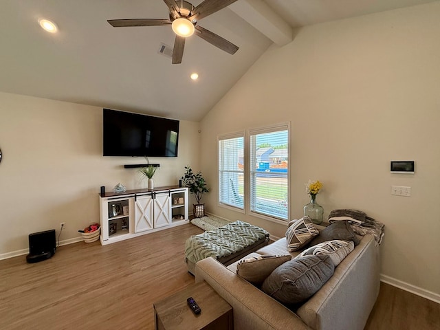 103 Neenan Dr, Enterprise, AL 36330 - living room with beamed ceiling, wood finished floors, a ceiling fan, baseboards, and high vaulted ceiling