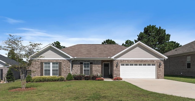 single story home with a garage and a front lawn