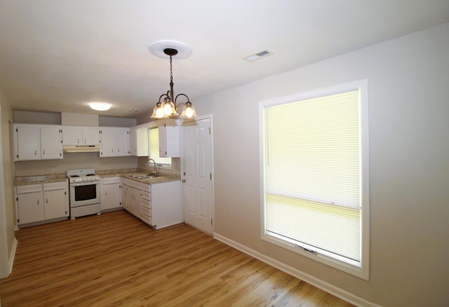 1125 Garden Ln, Dothan, AL 36301 - kitchen with white electric stove, under cabinet range hood, light countertops, and light wood-style floors