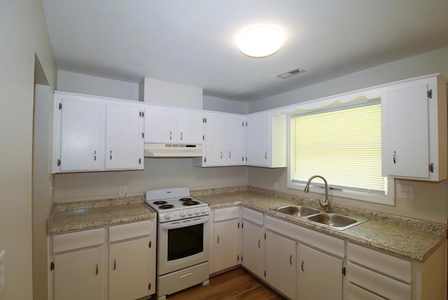 1125 Garden Ln, Dothan, AL 36301 - kitchen with electric range, under cabinet range hood, light countertops, dark wood-style flooring, and white cabinets