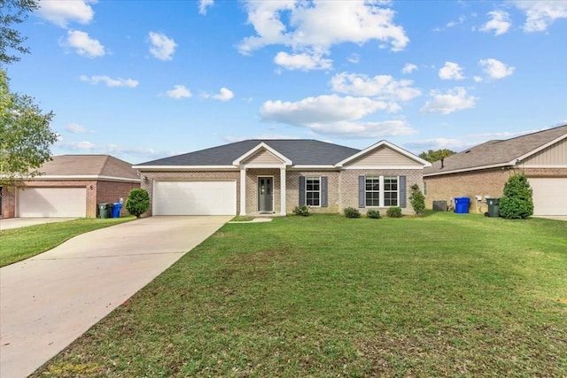 ranch-style home featuring a garage and a front yard