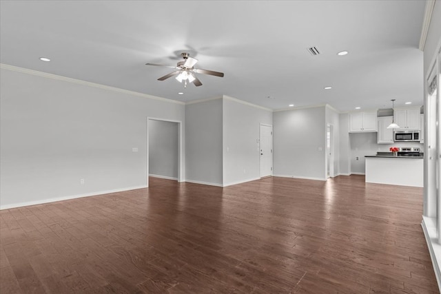 unfurnished living room with dark hardwood / wood-style floors, ceiling fan, and crown molding