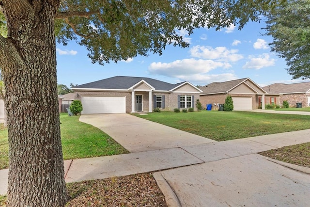 ranch-style house with a garage and a front lawn