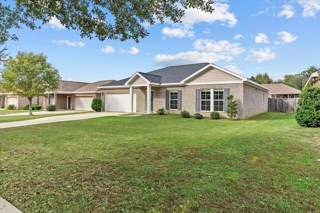 single story home featuring a front lawn and a garage