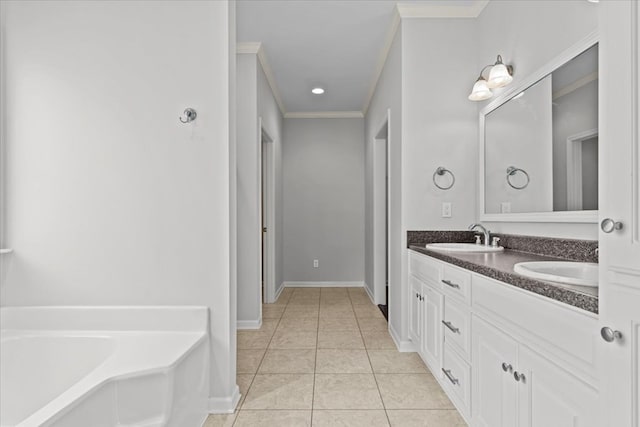 bathroom with tile patterned floors, vanity, a bath, and crown molding