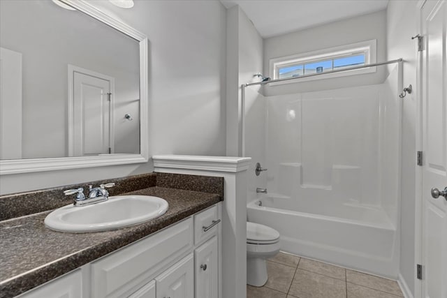 full bathroom with shower / washtub combination, tile patterned flooring, vanity, and toilet