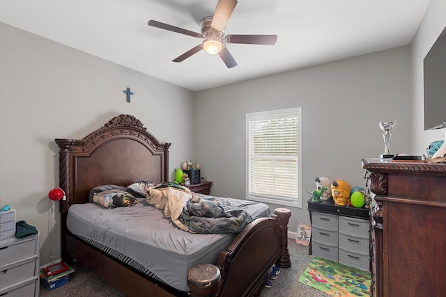 carpeted bedroom with ceiling fan