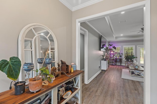 corridor with crown molding, wood-type flooring, and a raised ceiling