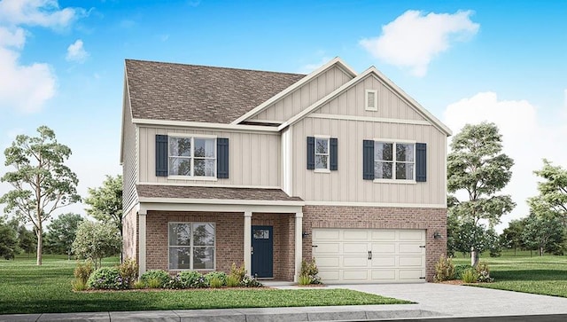 view of front of house featuring a garage, a shingled roof, concrete driveway, a front lawn, and brick siding