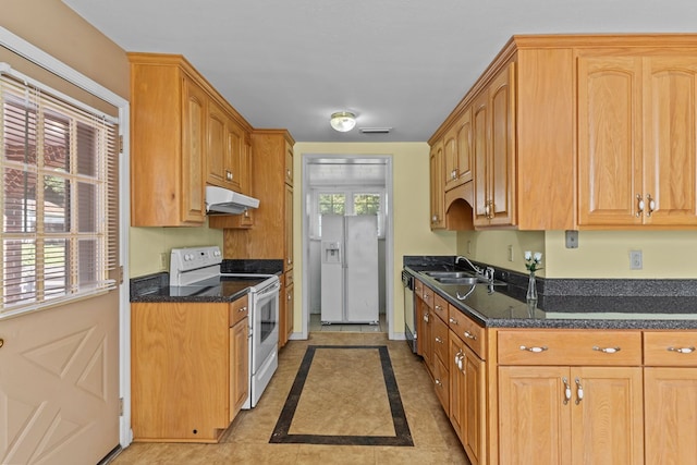 kitchen with plenty of natural light, dark stone countertops, white appliances, and sink