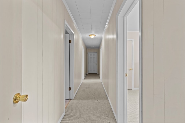 corridor with light carpet and wooden walls