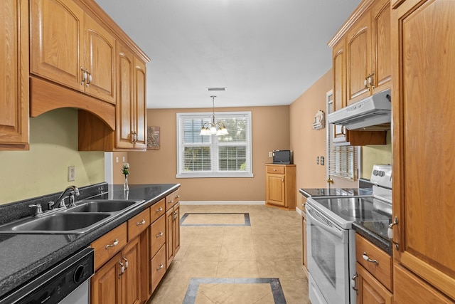 kitchen with white range with electric cooktop, sink, hanging light fixtures, stainless steel dishwasher, and a chandelier