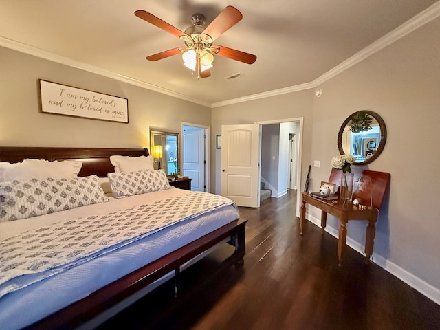 1243 Silcox Rd, Ashford, AL 36312 - bedroom featuring crown molding, baseboards, dark wood-type flooring, and a ceiling fan