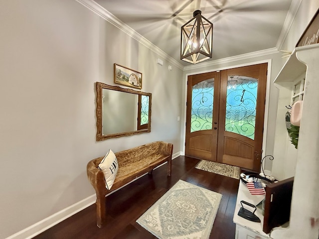 1243 Silcox Rd, Ashford, AL 36312 - foyer featuring french doors, crown molding, baseboards, dark wood-type flooring, and a chandelier