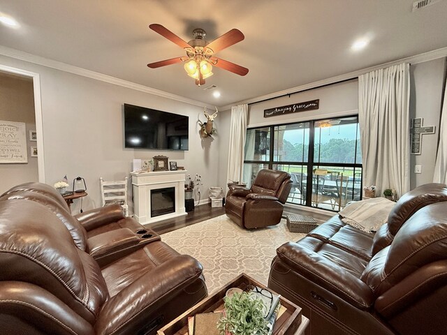 1243 Silcox Rd, Ashford, AL 36312 - living area featuring a ceiling fan, crown molding, wood finished floors, a glass covered fireplace, and recessed lighting