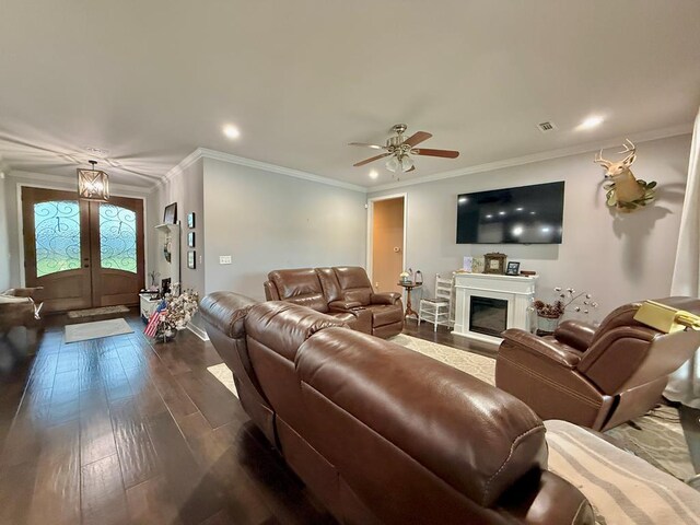 1243 Silcox Rd, Ashford, AL 36312 - living room with crown molding, french doors, recessed lighting, ceiling fan, and dark wood-style flooring