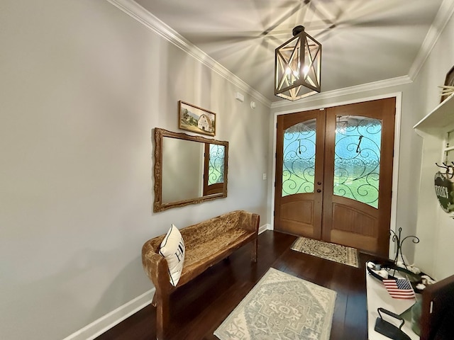 1243 Silcox Rd, Ashford, AL 36312 - foyer featuring french doors, wood finished floors, crown molding, baseboards, and a chandelier