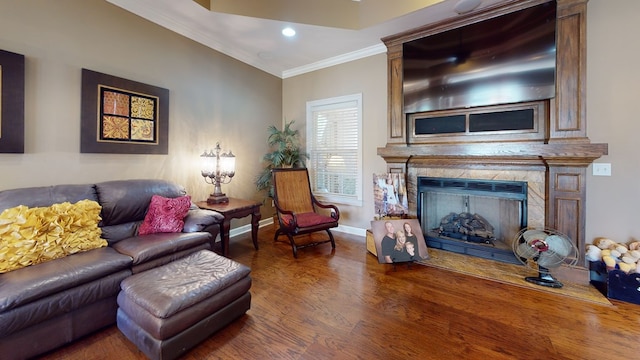 living room featuring crown molding, a fireplace, and hardwood / wood-style flooring