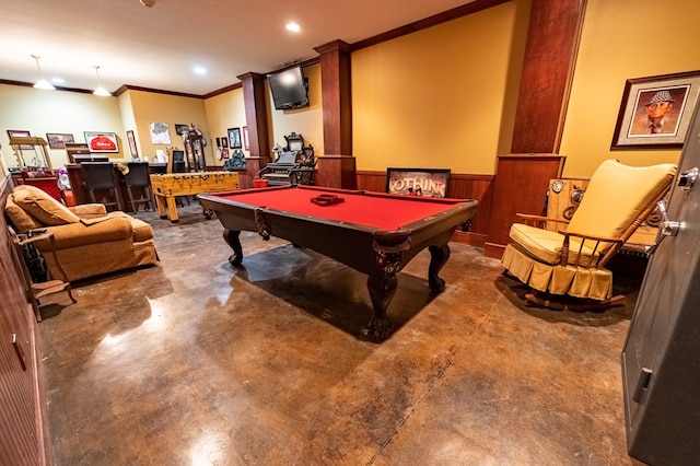 playroom featuring ornamental molding and billiards