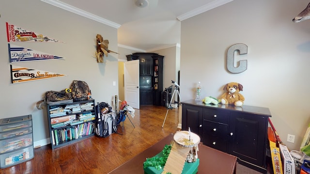 interior space with crown molding and dark hardwood / wood-style flooring