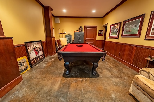 recreation room featuring wood walls, dark carpet, ornamental molding, and billiards