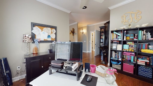 office space featuring ornamental molding and dark wood-type flooring