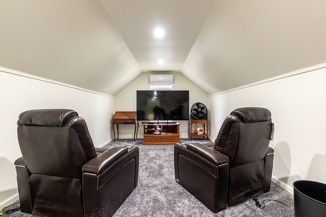 carpeted home theater room with lofted ceiling