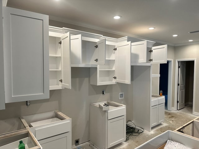 kitchen featuring visible vents, crown molding, recessed lighting, white cabinetry, and open shelves