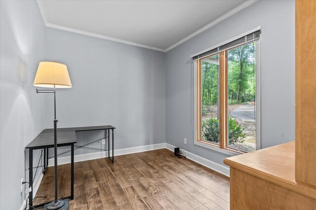 interior space featuring wood finished floors, ornamental molding, and baseboards