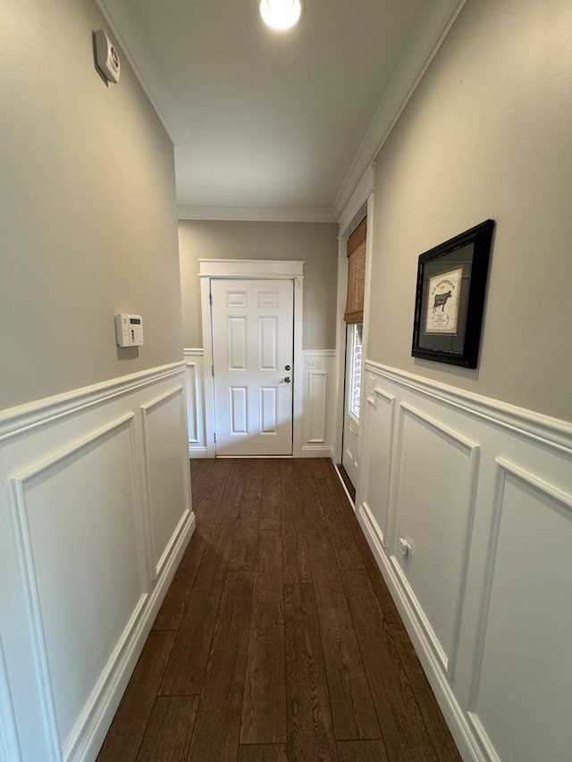 corridor featuring wainscoting, a decorative wall, ornamental molding, and dark wood finished floors