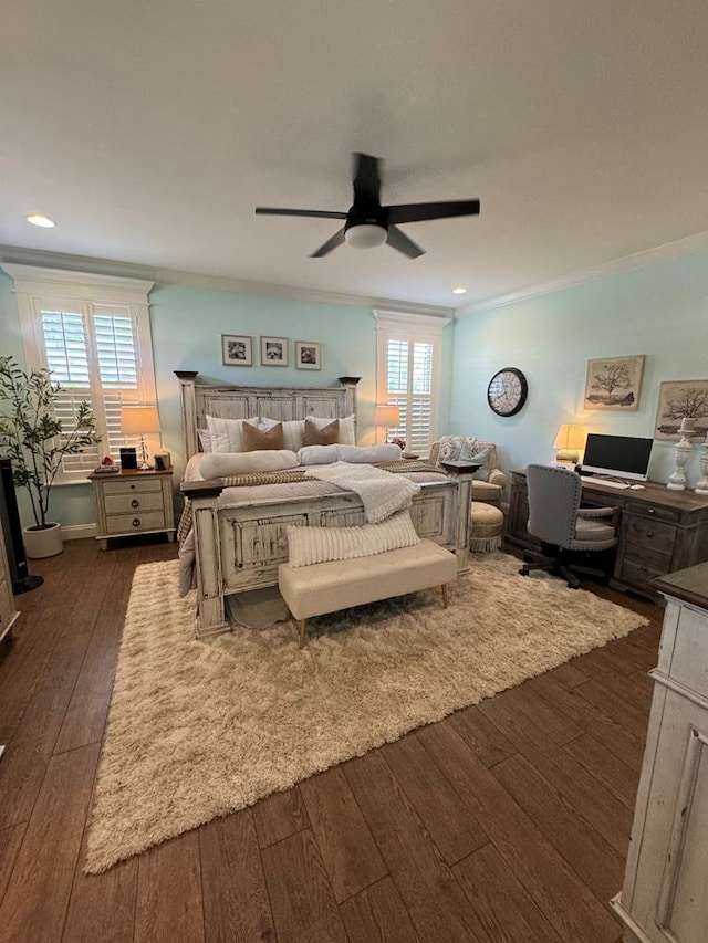 bedroom featuring recessed lighting, dark wood finished floors, crown molding, and a ceiling fan