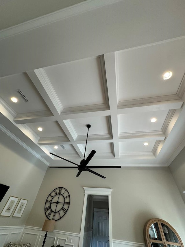 room details with beamed ceiling, visible vents, ceiling fan, and coffered ceiling