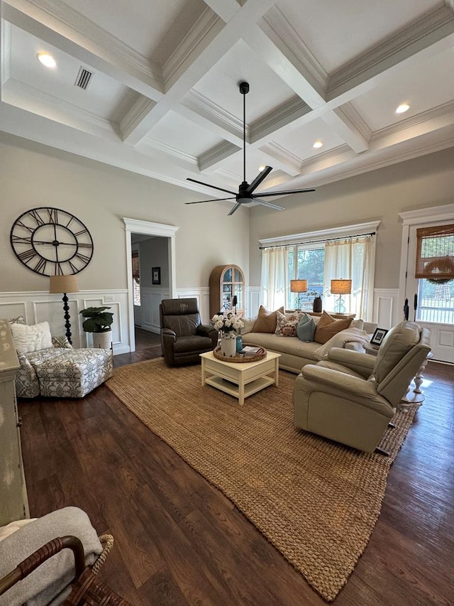 living room with coffered ceiling, a healthy amount of sunlight, dark wood-type flooring, a decorative wall, and beam ceiling