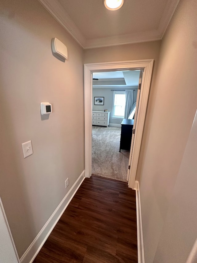 corridor with crown molding, baseboards, and dark wood-style flooring