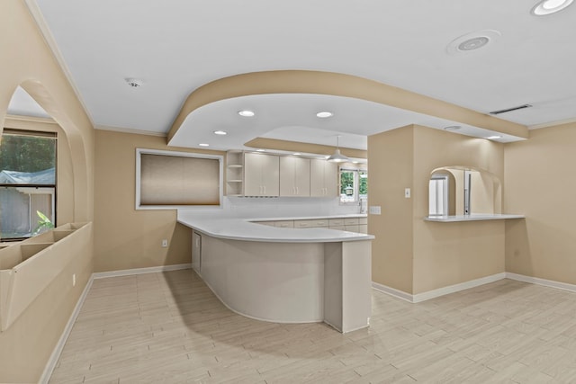 122 Greenview Cir, Dothan, AL 36301 - kitchen with a peninsula, open shelves, baseboards, light wood-style floors, and ornamental molding
