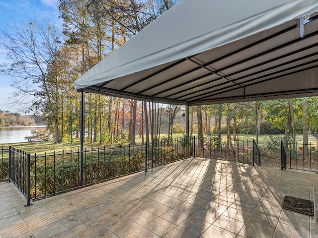 view of patio / terrace featuring a water view