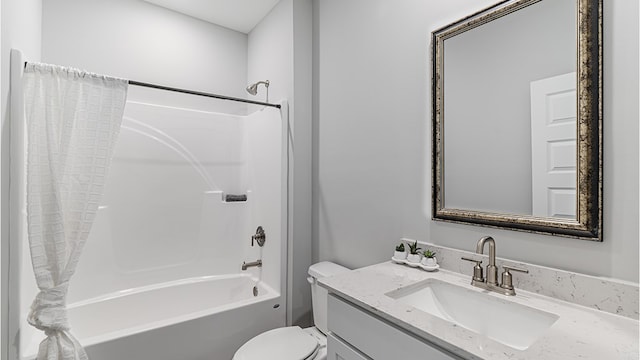 full bath featuring toilet, shower / bathtub combination with curtain, and vanity