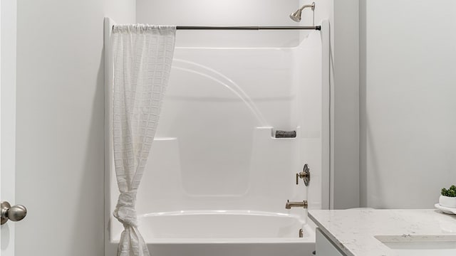 full bath featuring shower / bathtub combination with curtain and vanity