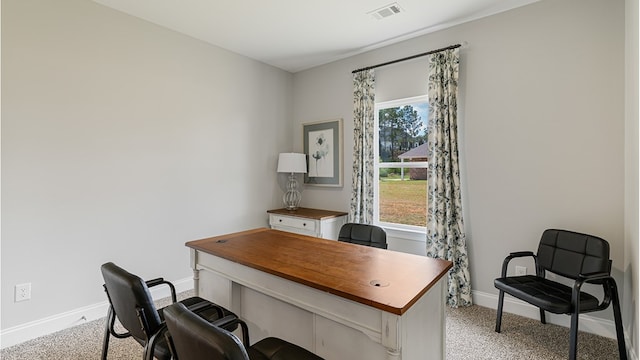 home office with light colored carpet, visible vents, and baseboards