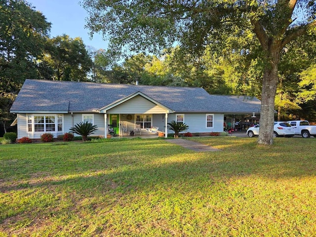 ranch-style house featuring a front lawn, a porch, and a carport