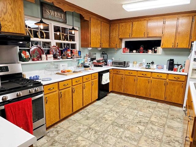 kitchen featuring dishwasher, hanging light fixtures, a textured ceiling, range hood, and gas stove