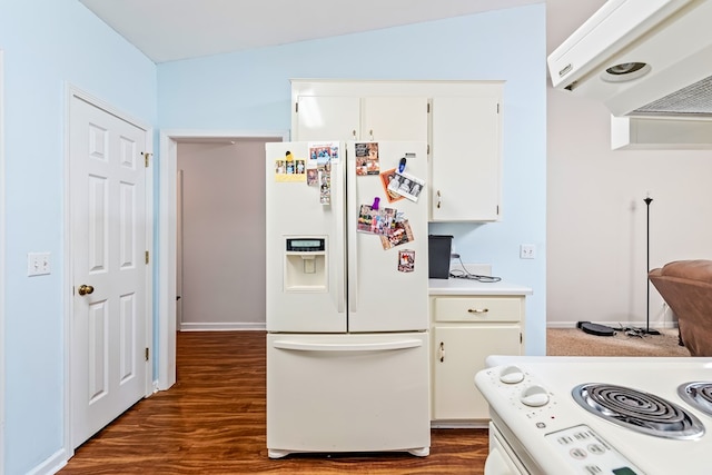 706 W Roxbury Rd, Dothan, AL 36305 - kitchen featuring white fridge with ice dispenser, stove, white cabinets, light countertops, and dark wood-style flooring