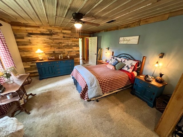 bedroom featuring ceiling fan, wood ceiling, carpet floors, and wooden walls