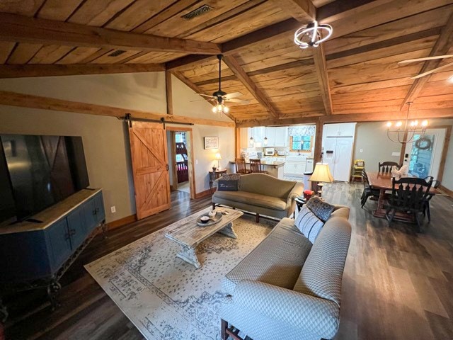 living room with a barn door, vaulted ceiling with beams, dark hardwood / wood-style floors, wood ceiling, and ceiling fan with notable chandelier